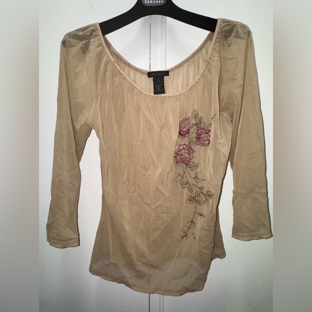 Y2K vintage The Limited Tan Sheer Scoop-Neck Top with Rose Embroidery size large